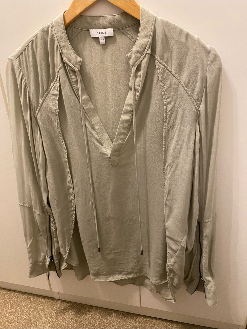 Reiss Light Sage Green V-Neck Tie Blouse